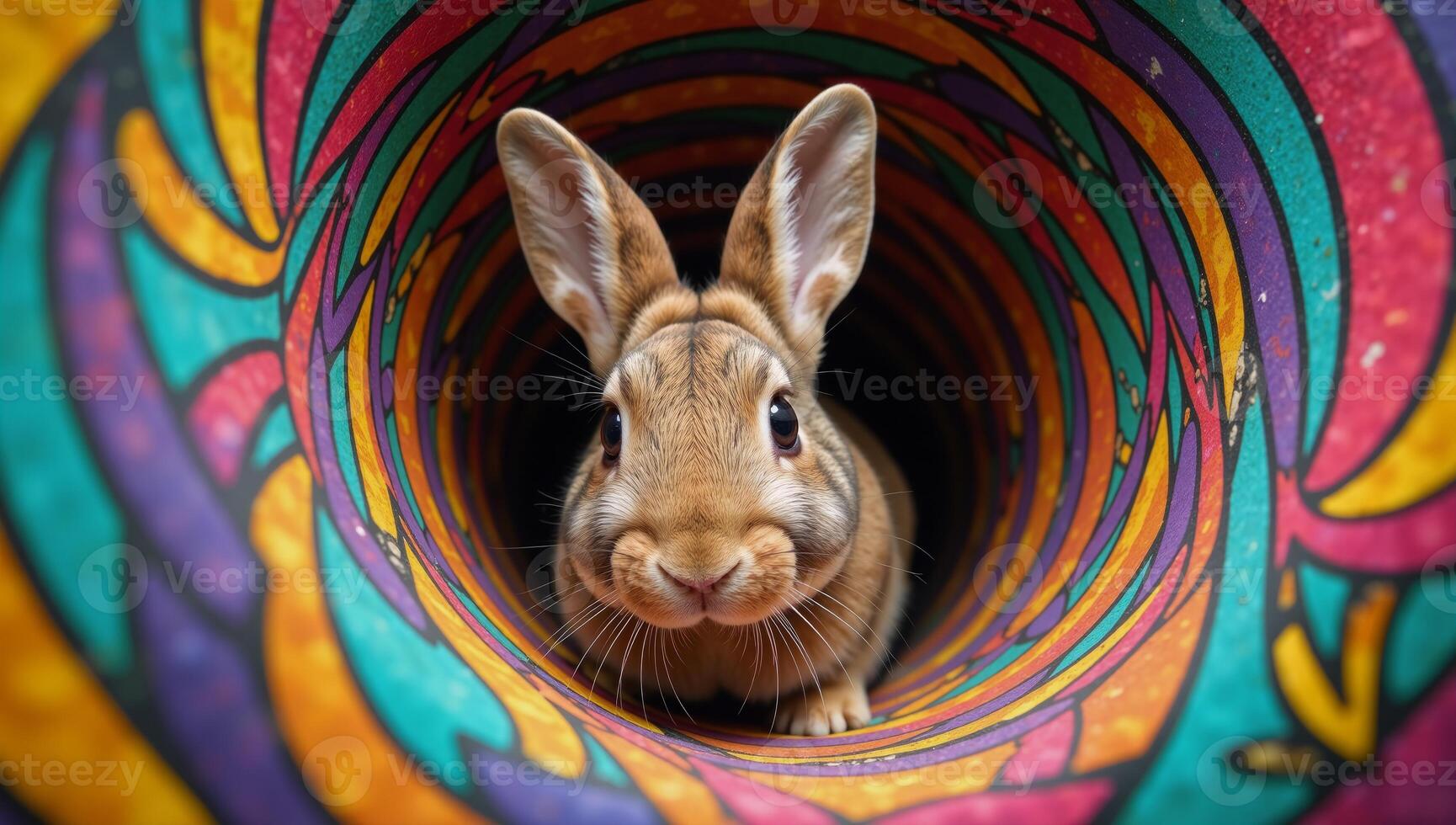 Illustration of a curious rabbit peeking from a colorful patternfilled whirlpool hole photo