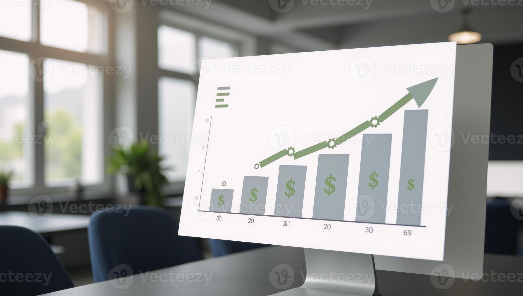 A financial growth chart showcased within a professional setting using dollar signs and gear icons photo