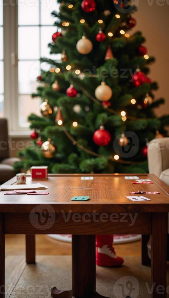 Festive Game Night Setup Empty Table Surrounded by Scattered Cards Dice Snacks under Twinkling Lights Vibrant Ornaments on a Tall Evergreen Tree photo