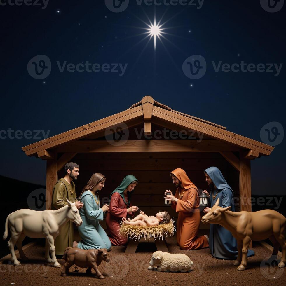Nativity Scene Serene depiction of Jesus shepherds and animals beneath a starlit sky photo