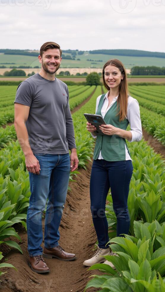 Farmer smiles before female agronomist with modern farming tech in stock illustration photo