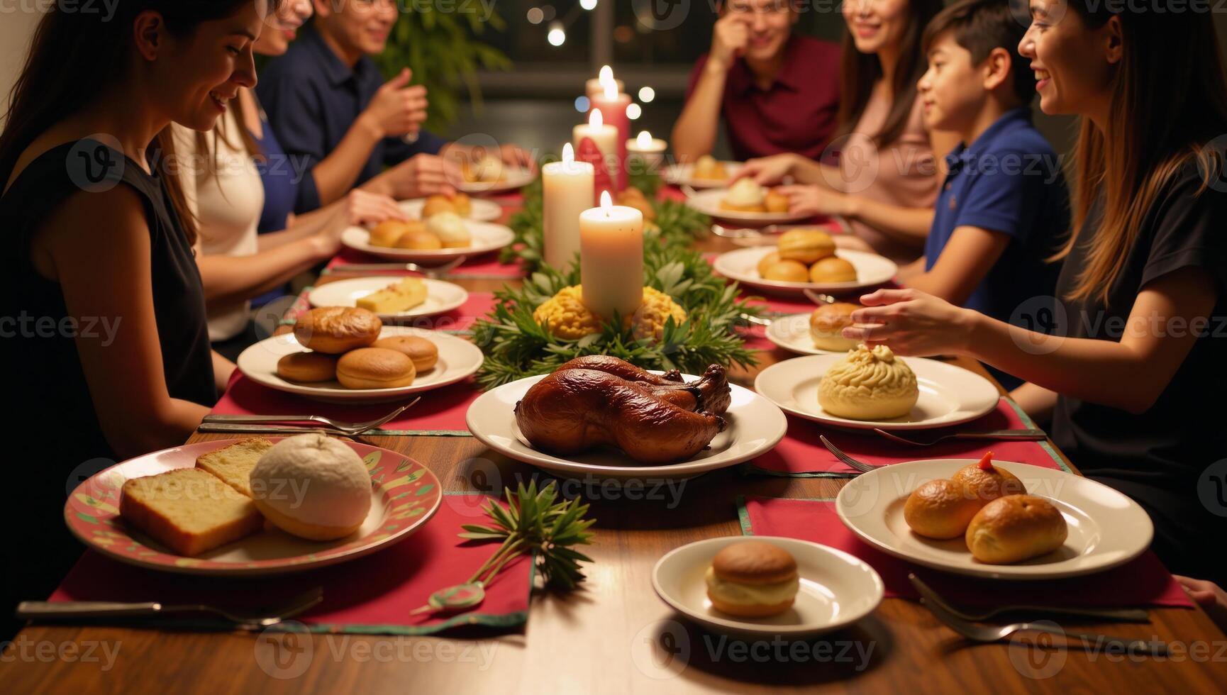 A festive scene featuring a family gathering around a beautifully set table with traditional Noche Buena dishes on Christmas Eve Christmas Celebration Family Gathering photo