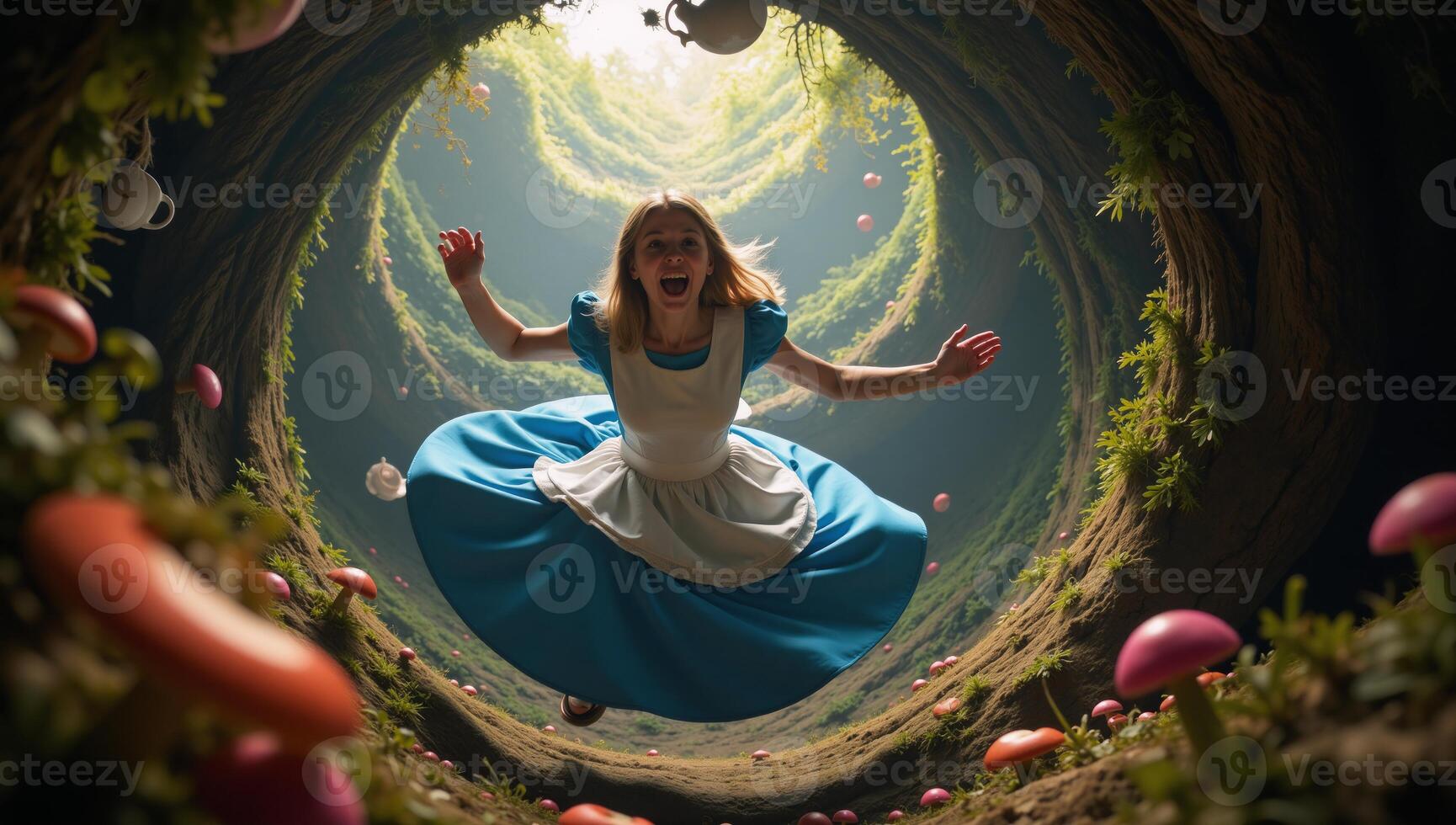 Alice tumbles through Wonderland with colorful whimsical surroundings highlighting her entrance to the fantastical realm photo
