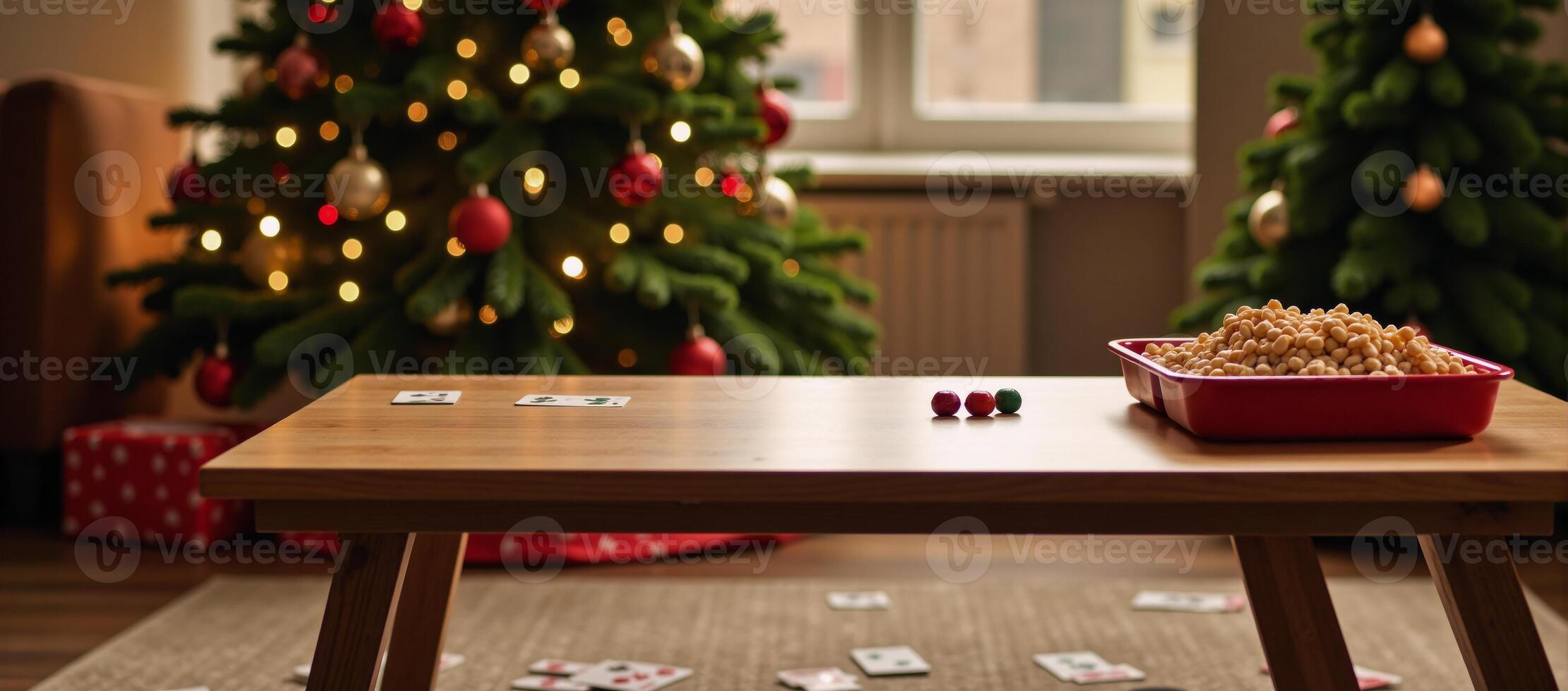 Festive Game Night Setup Empty Table Surrounded by Scattered Cards Dice Snacks under Twinkling Lights Vibrant Ornaments on a Tall Evergreen Tree photo