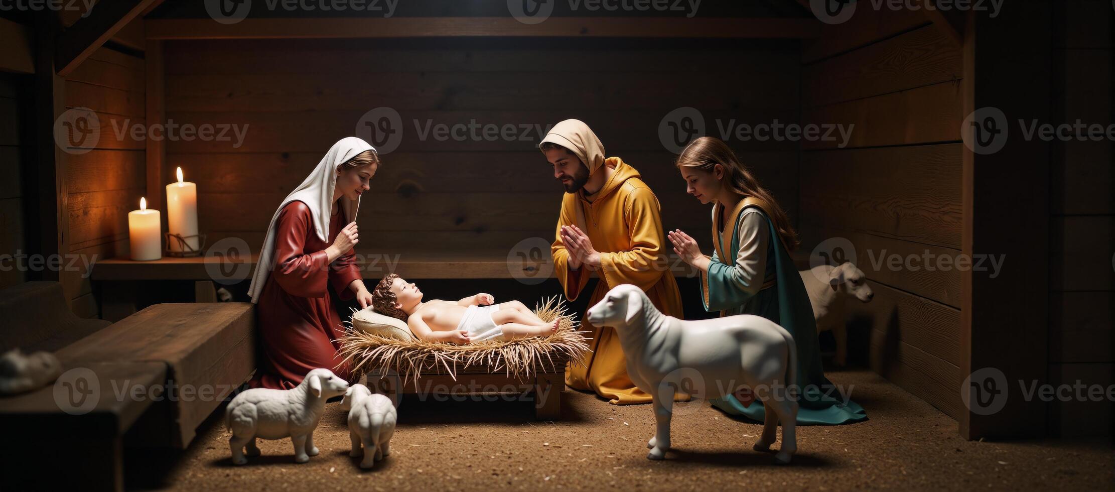 A peaceful nativity scene showcases cheerful farmyard creatures photo