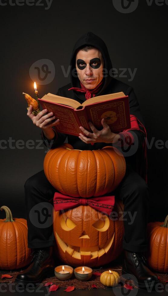Enchanting pumpkin storyteller narrating ghost stories with magical book Fantasy Halloween concept photo