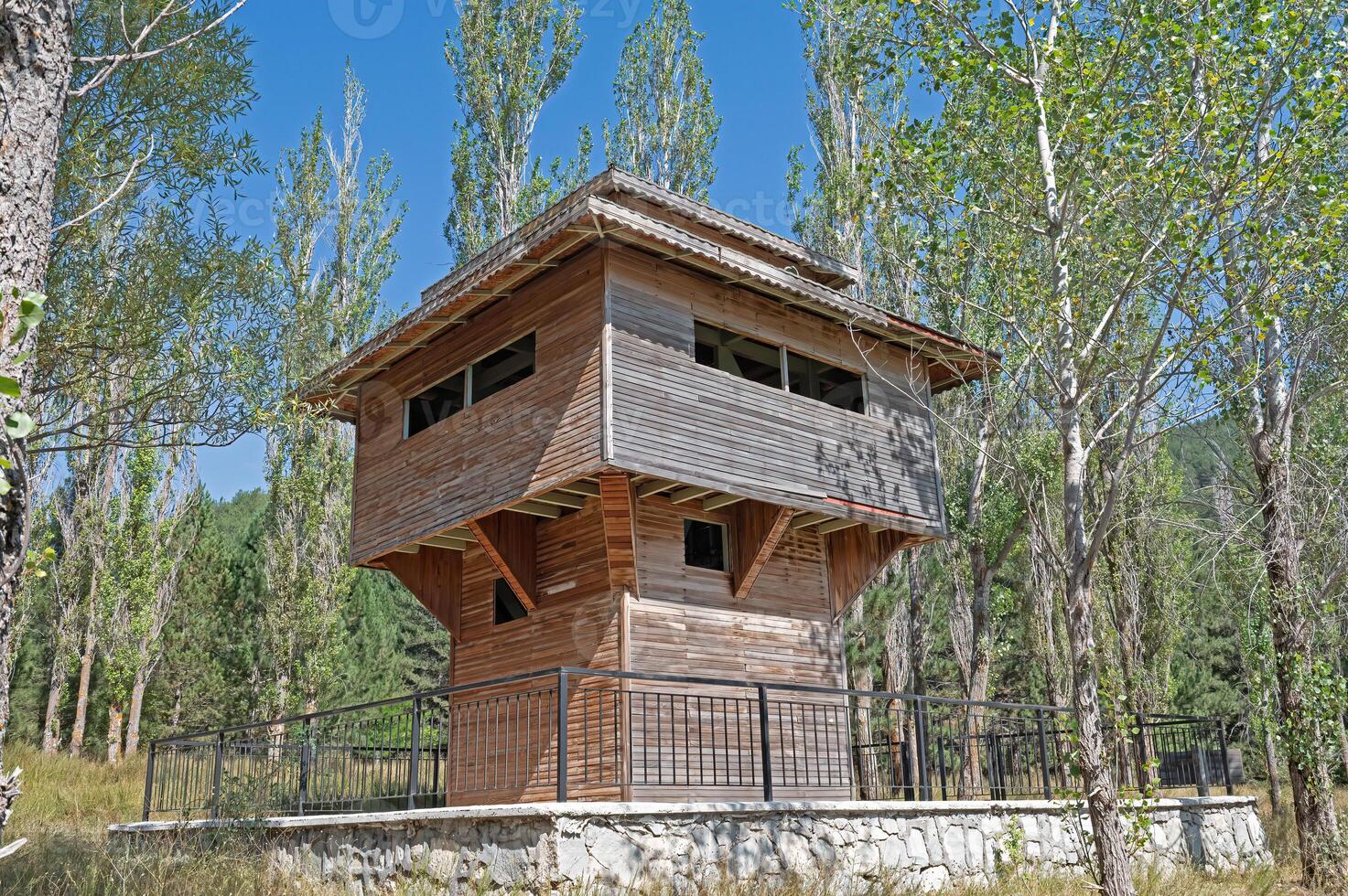 A wooden lookout tower in the woods photo