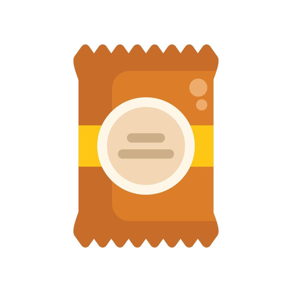 Brown flow pack packaging with round label having blank space for text is lying vector