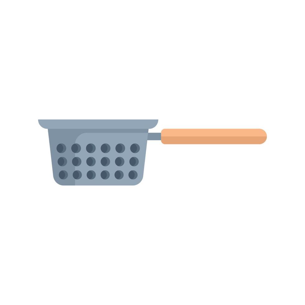 Metal colander with wooden handle for draining pasta vector