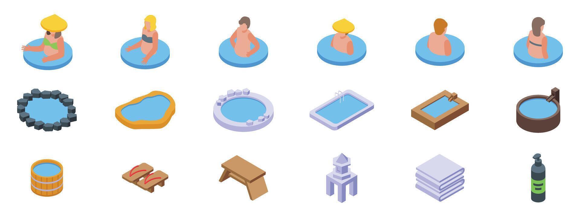 Japanese onsen icons set. People enjoying hot springs bath relaxing in onsen spa resort vector