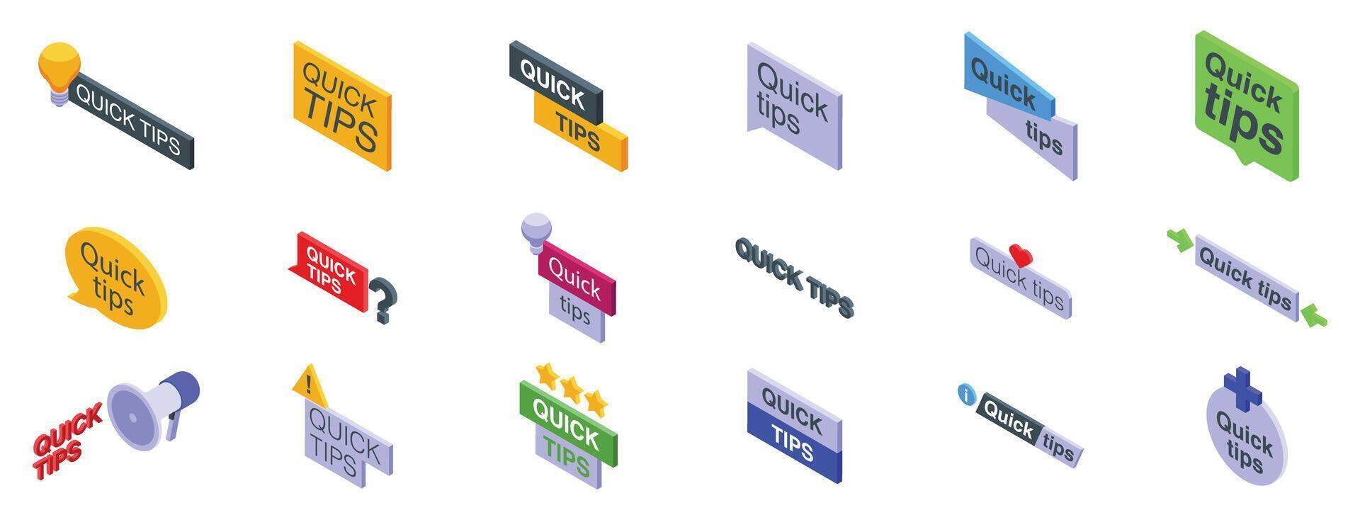 Quick tips icons set. Set of quick tips banners with isometric icons in various styles vector