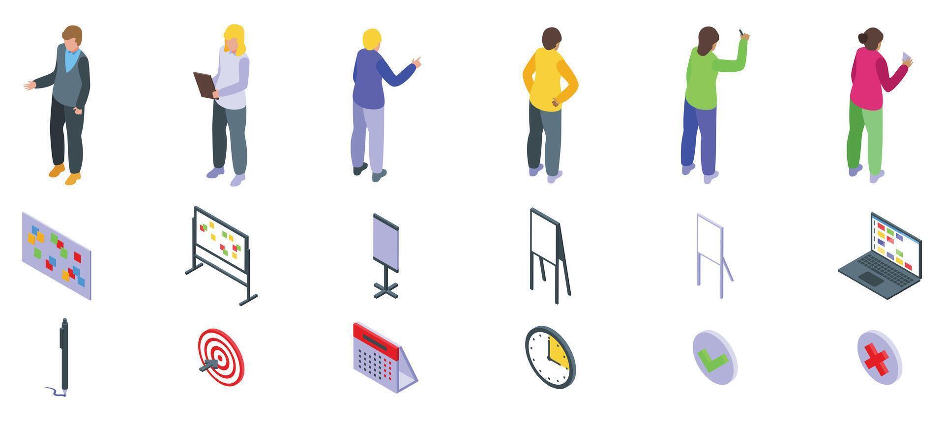 Scrum board icons set. Managers team working on startup project using scrum agile methodology with kanban board vector
