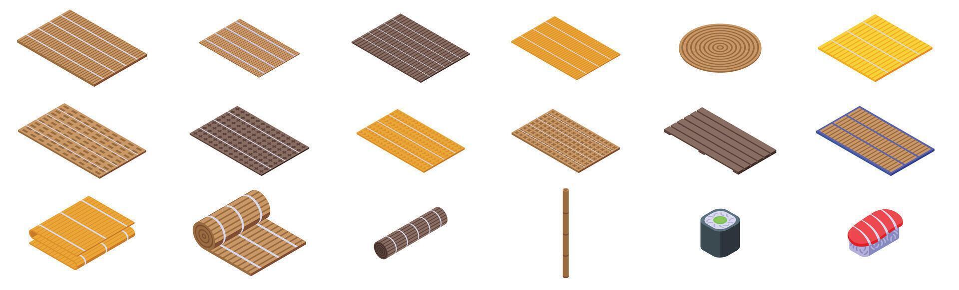 Bamboo mat icons set. Bamboo mat for sushi cooking and serving isometric view vector