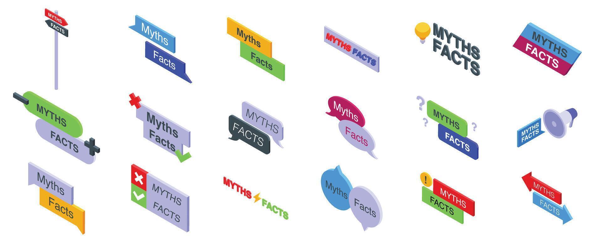 Myths facts icons set. Myths vs facts icon set separating truth from fiction vector