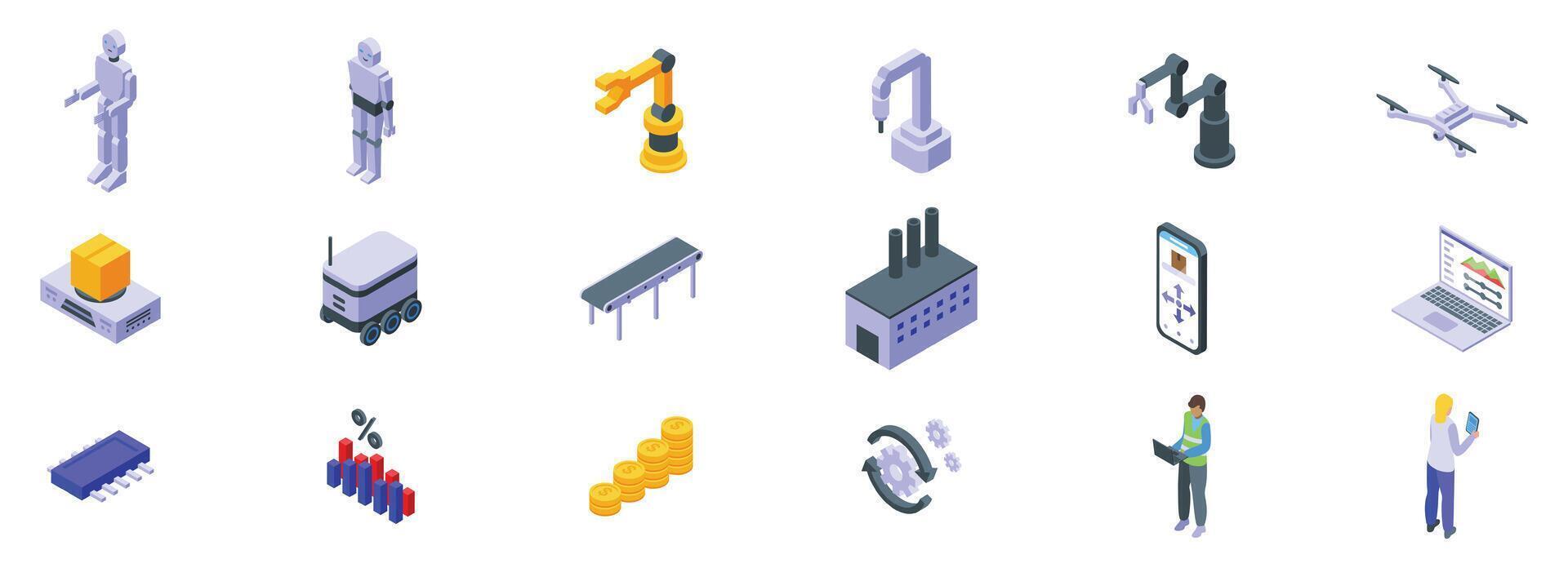 RPA icons set. This isometric icon set shows how automation is changing the way we work and live vector