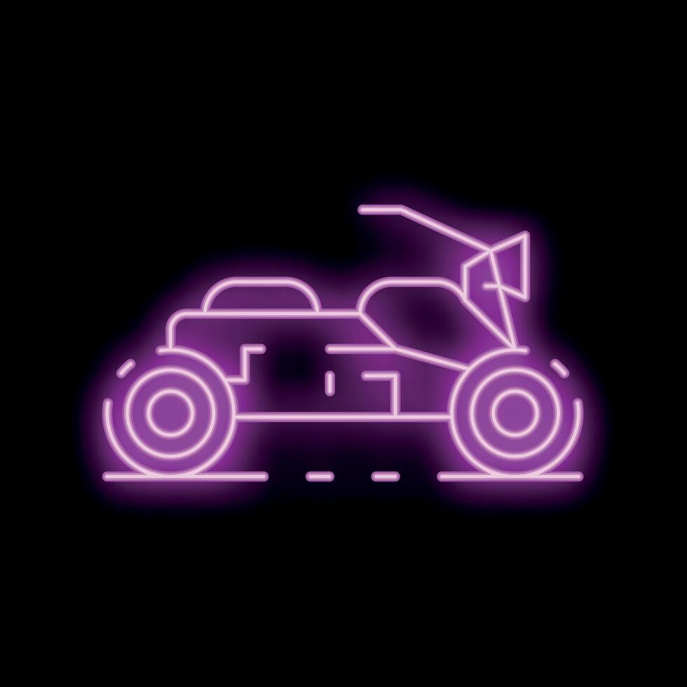 Neon sign representing buggy driving on road at night with purple lighting vector