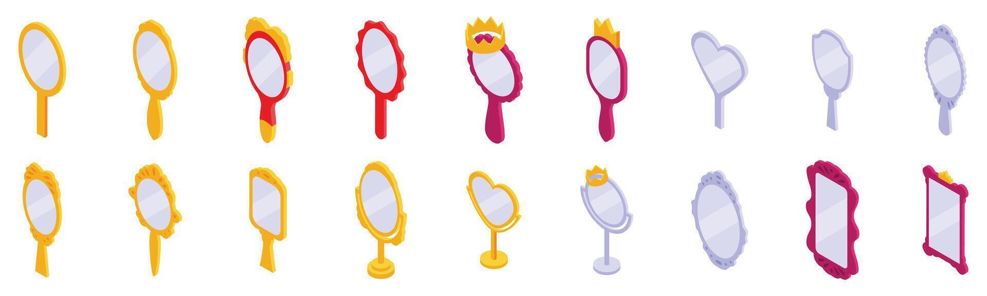 Princess mirror icons set. Set of mirror icons showing different designs for beauty and reflection needs in isometric view vector