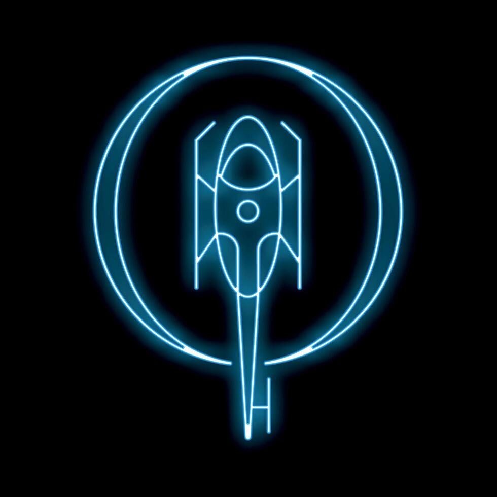 Blue neon sign helicopter landing inside circle with h letter below on black background vector