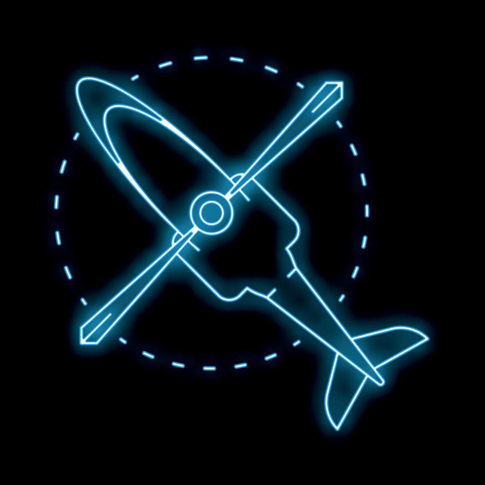 Blue neon helicopter flying over circle on black background vector