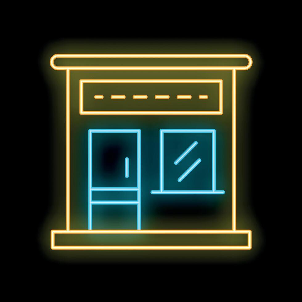 Neon shop sign with glowing glass door and window on a black background vector