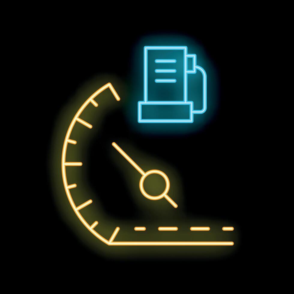 Neon speedometer showing progress of work on document with paperclip vector