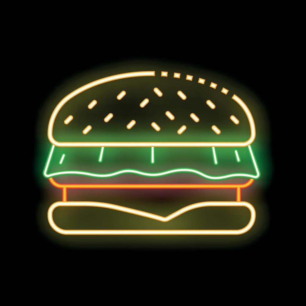 Neon sign showing delicious glowing burger with lettuce and sesame seeds vector