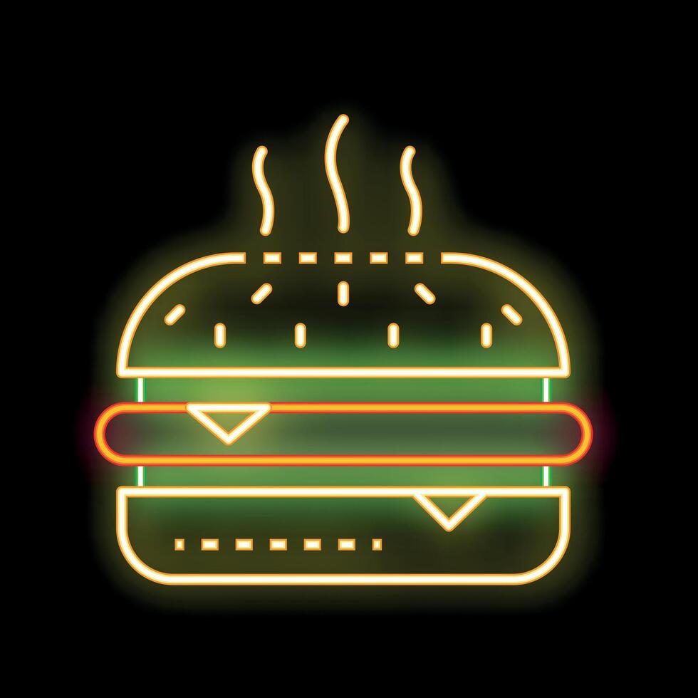 Glowing neon sign of a steaming hot delicious cheeseburger vector