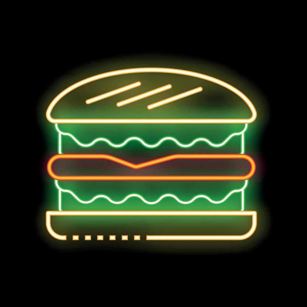 Neon sign showing a glowing cheeseburger on black background vector