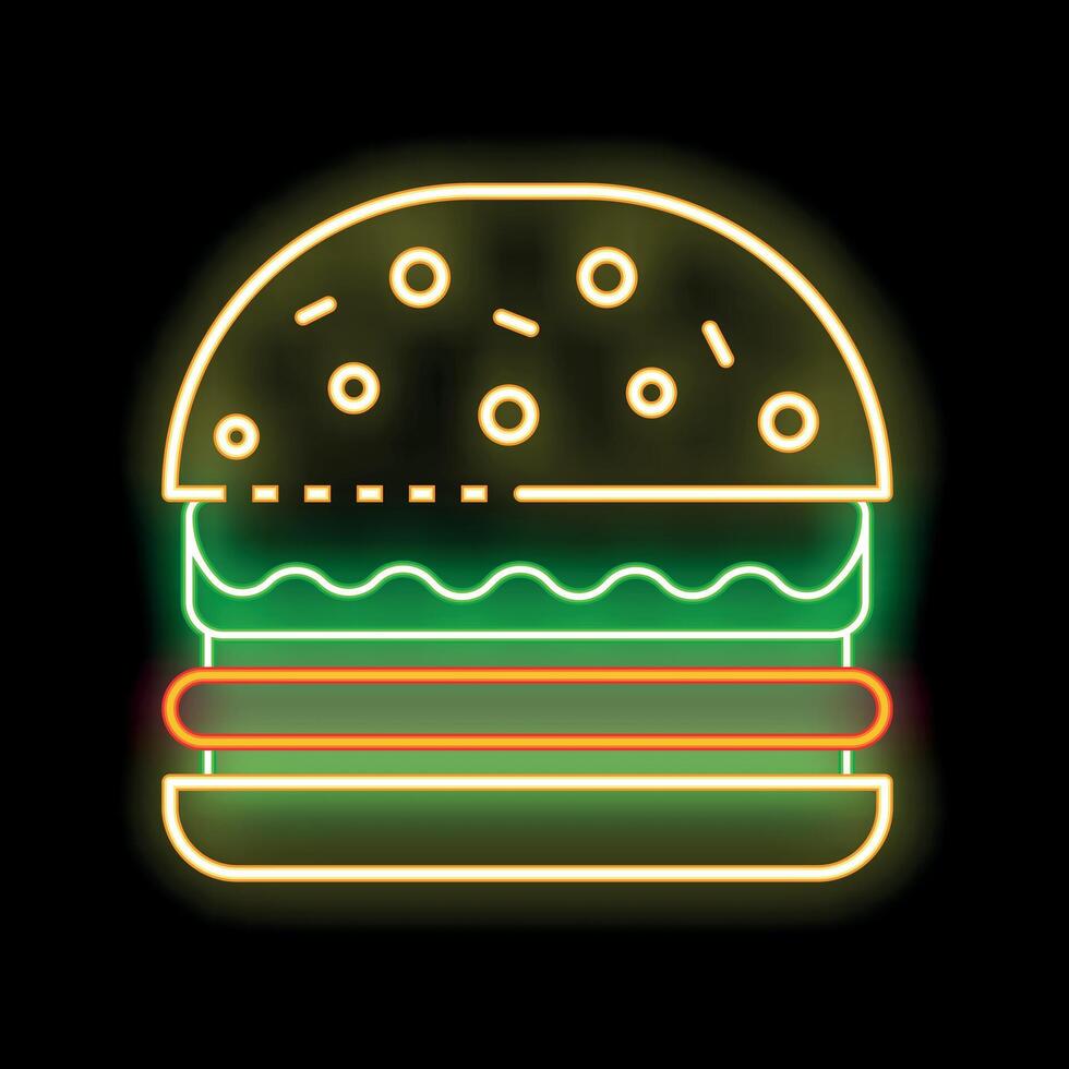 Neon sign showing a tasty burger glowing on a black background vector