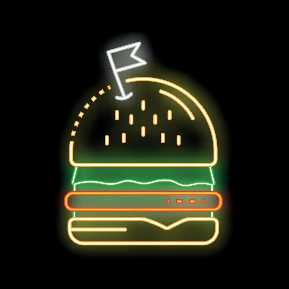 Bright neon sign showing a delicious burger with a flag on top vector