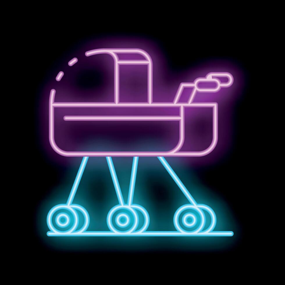 Neon icon of a baby stroller glowing on black background vector
