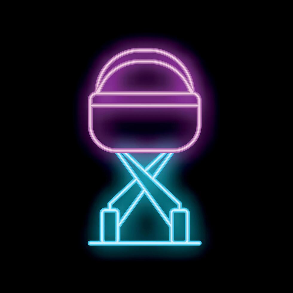 Glowing neon line baby cradle on a stand icon isolated on black background, baby cot bed sign vector