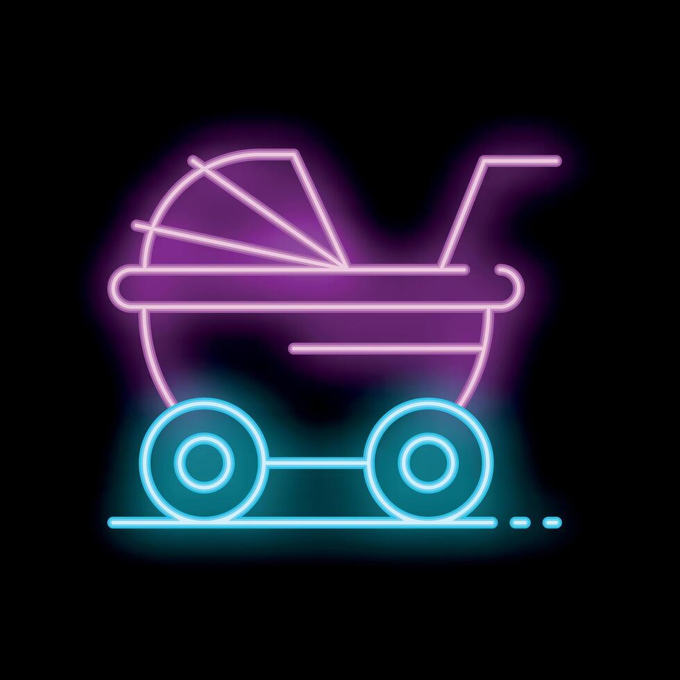 Neon sign representing a stroller for newborn baby carriage vector