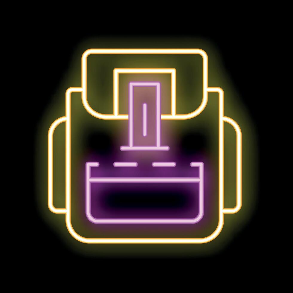 Neon icon of backpack with hydration system glowing on black background vector