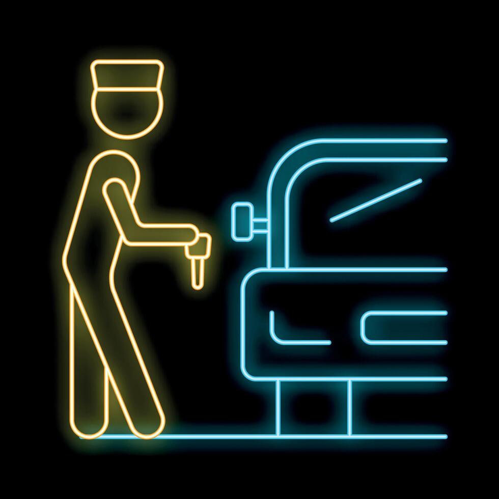 Valet parking attendant giving keys back to driver neon sign icon vector