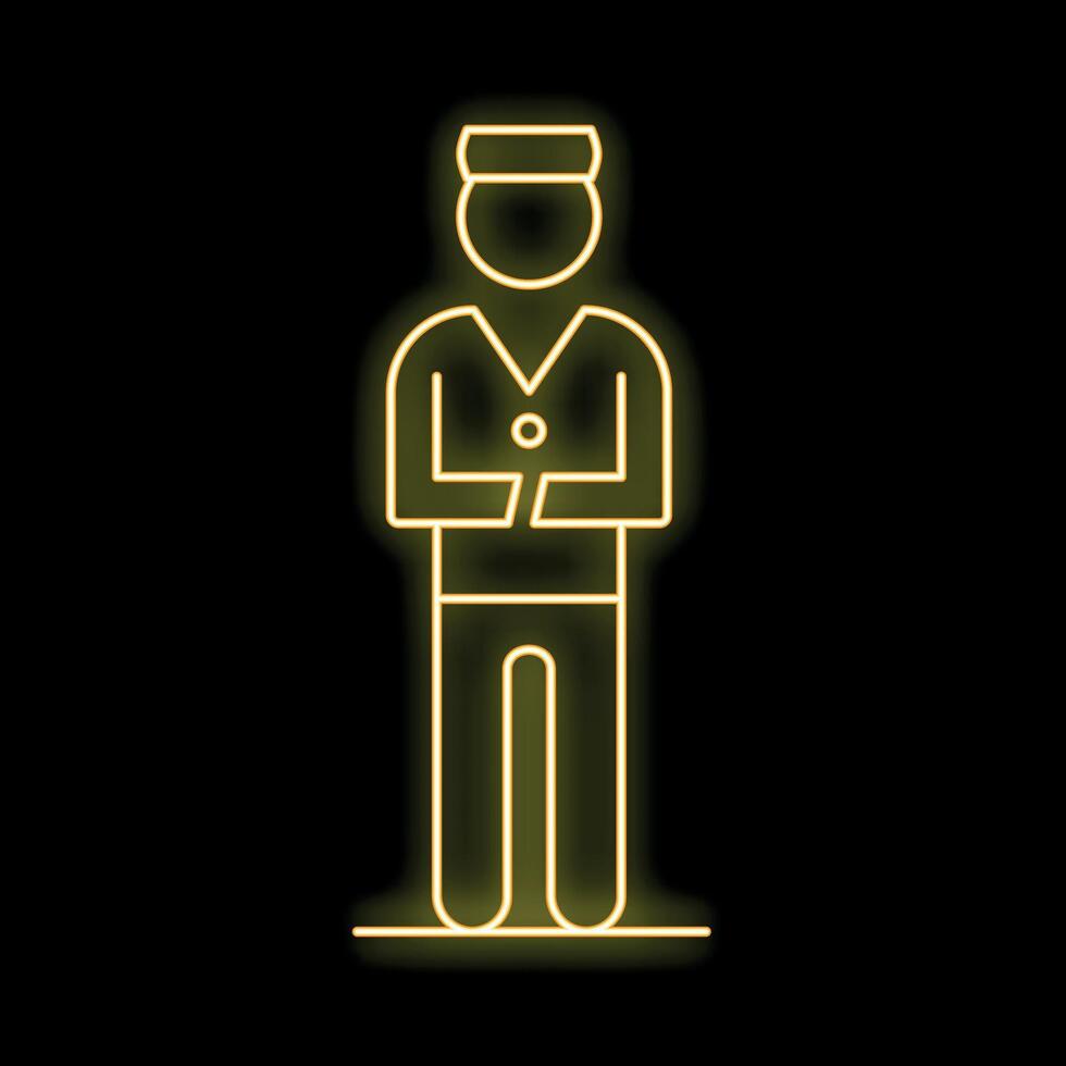 Neon icon of a bellboy with folded arms on black background vector