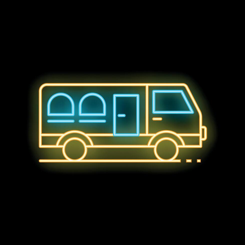 Neon bus icon glowing on dark background representing public transportation vector