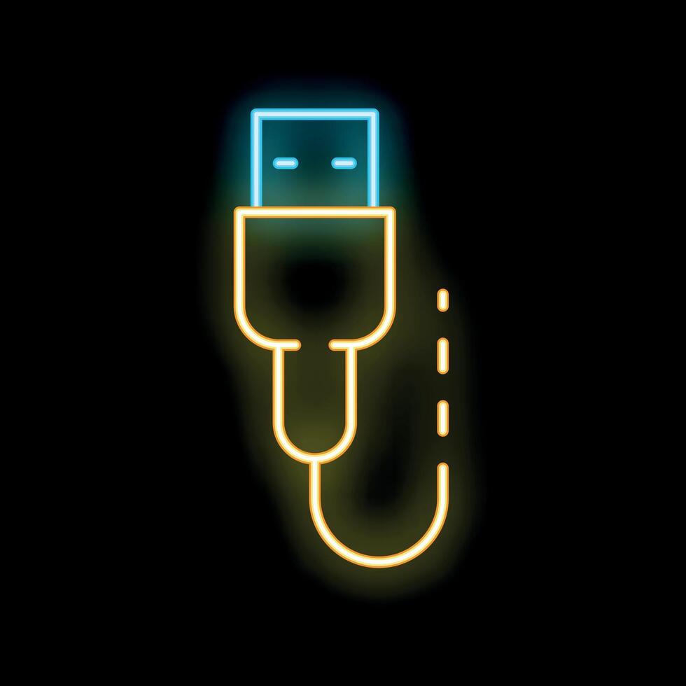 Neon usb cable icon glowing on dark background vector