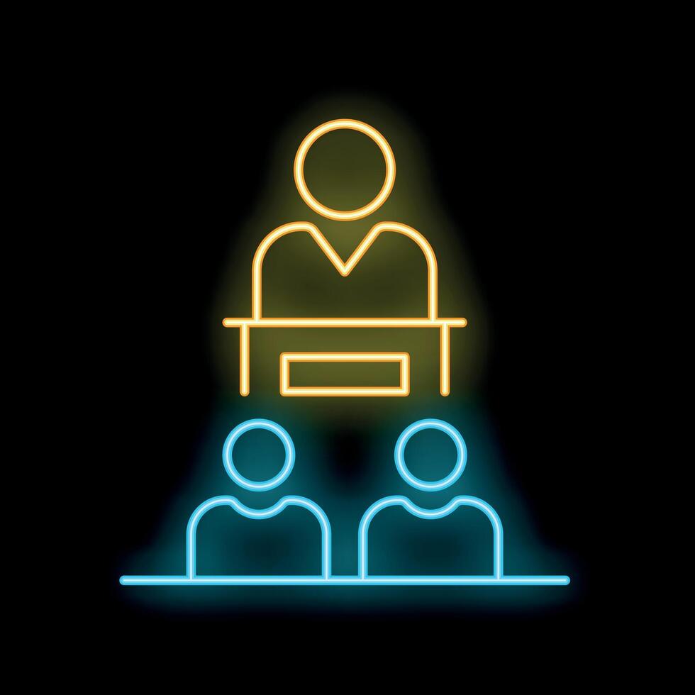 Neon icon of a speaker giving a presentation to two people vector