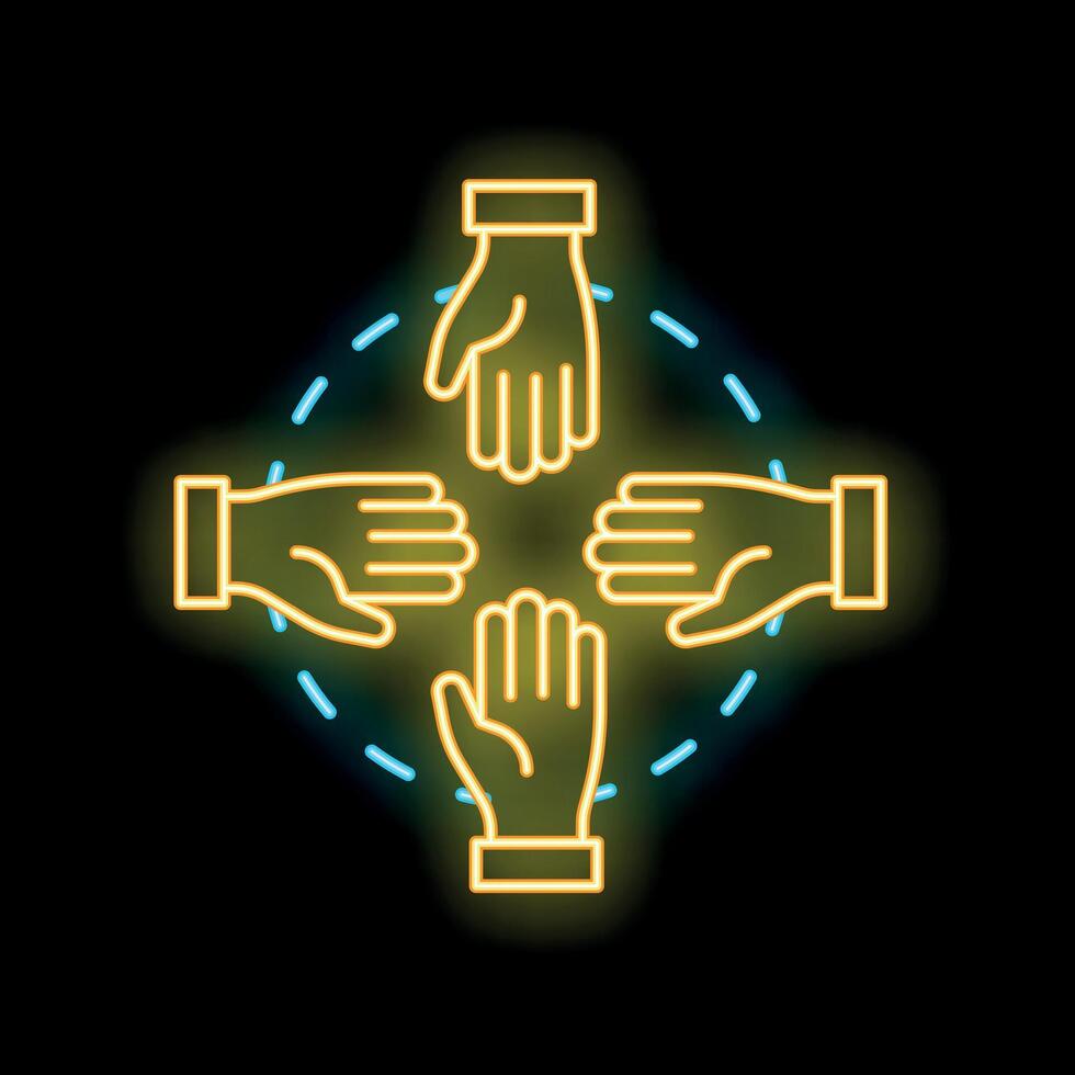 Five people joining hands in circle neon sign on black background vector