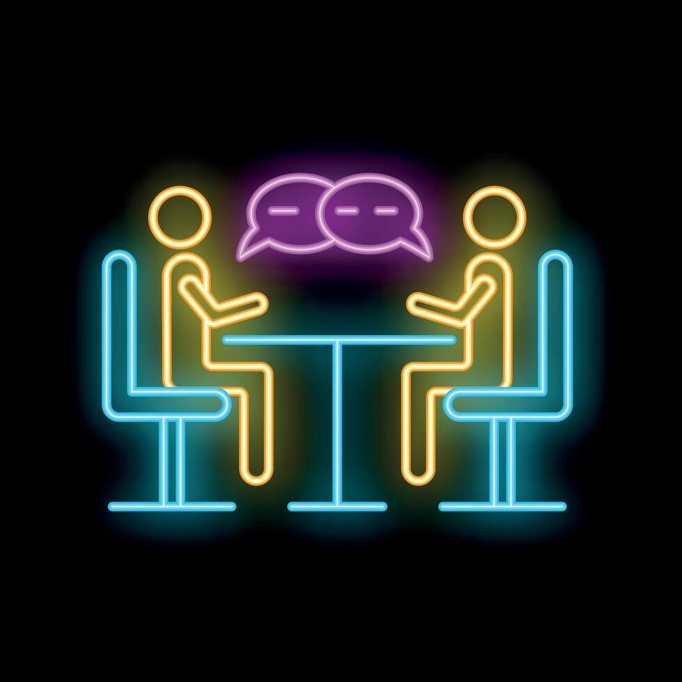 Neon style icon of two people talking at round table vector