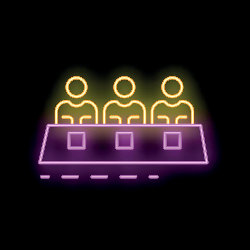 Neon icon of three judges sitting at table during contest vector