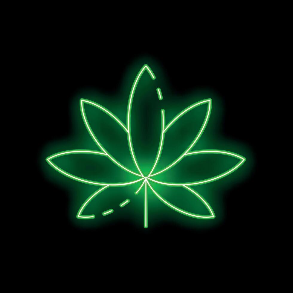 Green neon sign showing a cannabis leaf on a black background vector