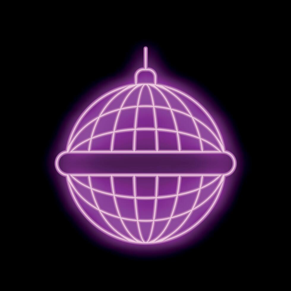 Bright pink neon sign disco ball glowing on black background vector