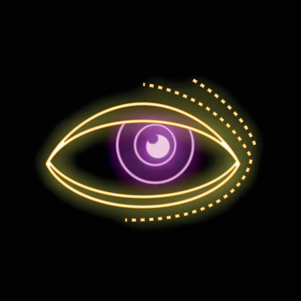 Neon sign showing open eye with eyelashes on black background vector