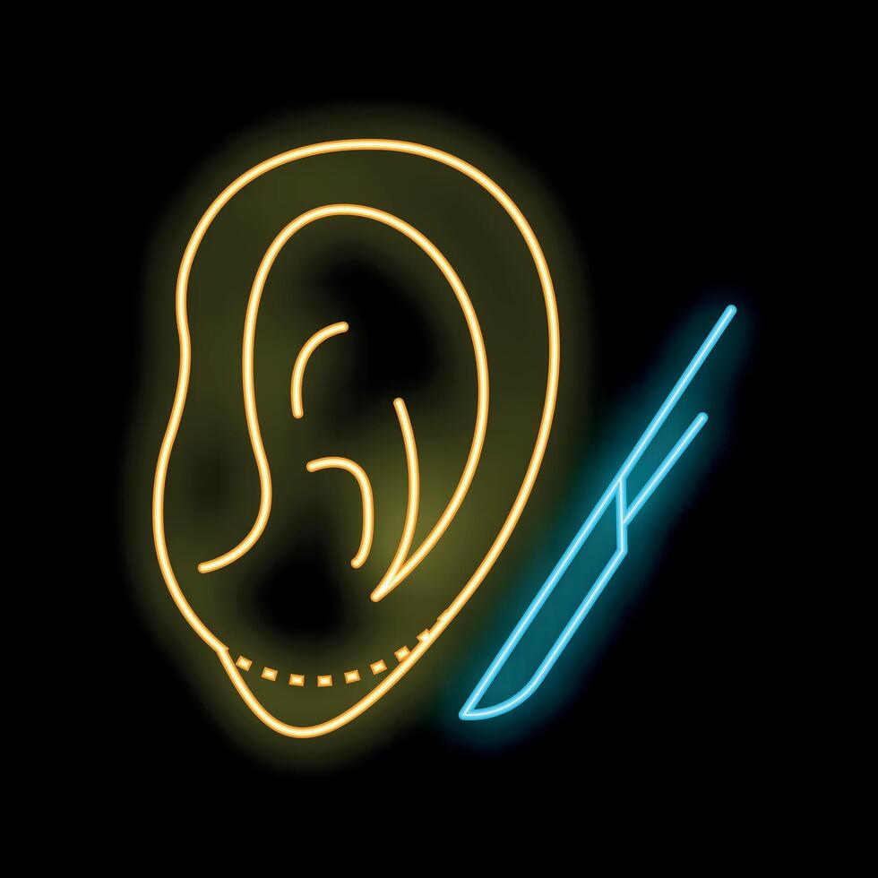 Neon sign representing otoplasty with an ear and a scalpel vector