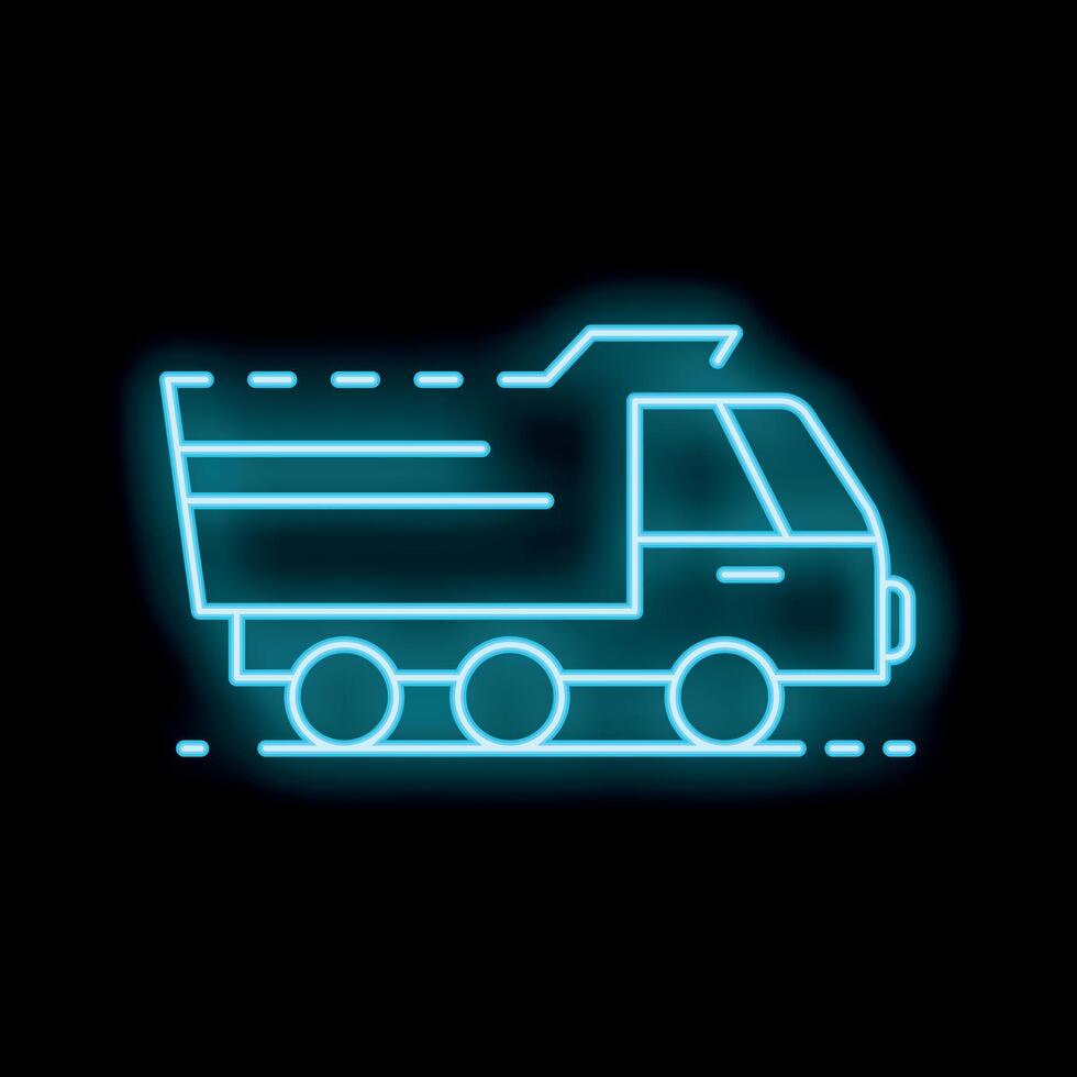 Glowing neon icon of dump truck moving on black background vector