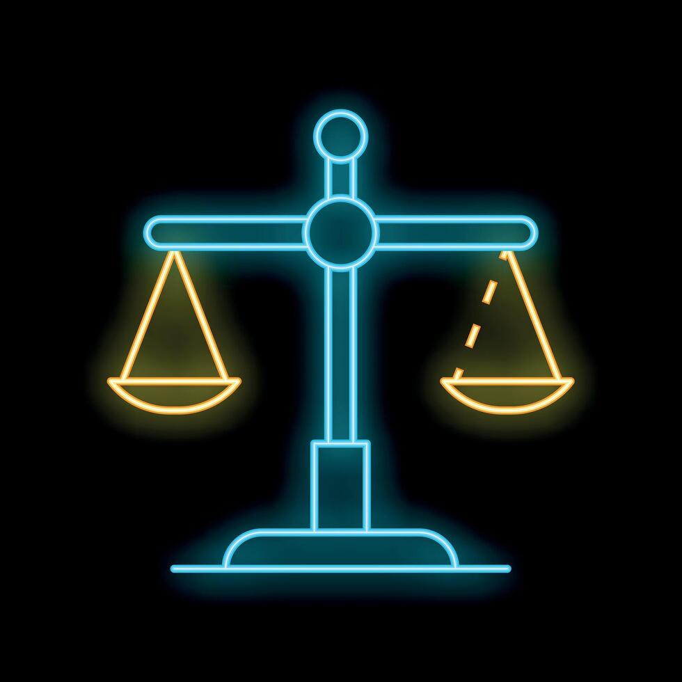 Neon scales of justice balancing on black background vector