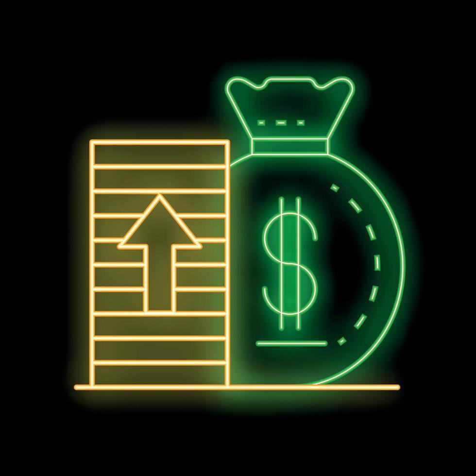 Glowing neon sign of money bag and stack of coins increasing value vector
