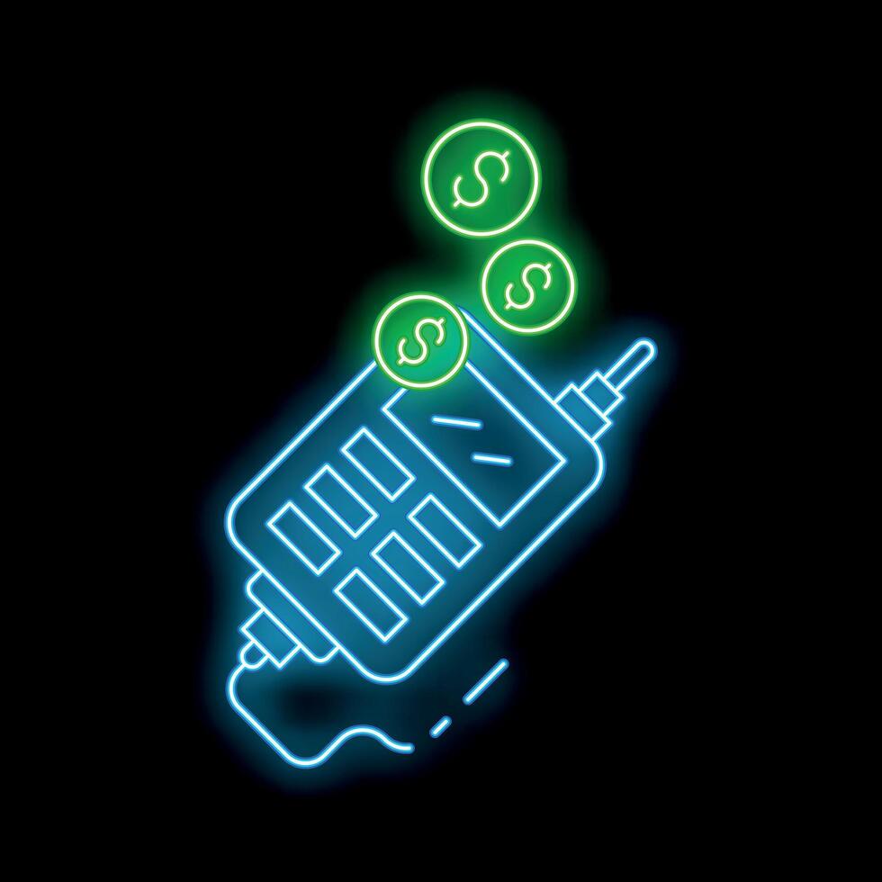 Neon pos terminal accepting contactless payment with dollar coins vector